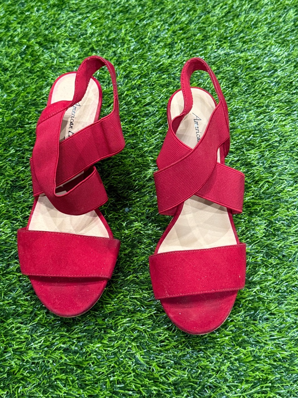 American Eagle red strappy wedge ankle strap Slip on sandals women US 7.5